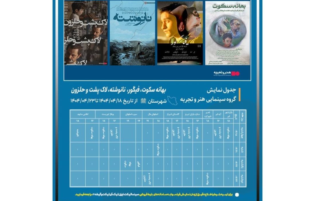 جدول نمایش فیلم‌های «لاک‌پشت و حلزون»، «نانوشته»، «فیگور» و «بهانه سکوت» در شهرستان‌ها منتشر شد