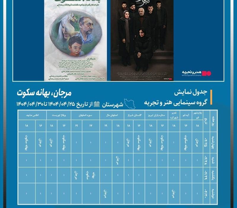 جدول نمایش فیلمهای «مرجان» و «بهانه سکوت» در سینماهای منتخب «هنروتجربه» اعلام شد