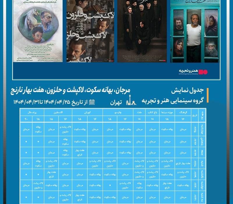 اعلام جدول نمایش فیلمهای «لاکپشت و حلزون»، «هفت بهار نارنج»، «مرجان» و «بهانه سکوت» در تهران